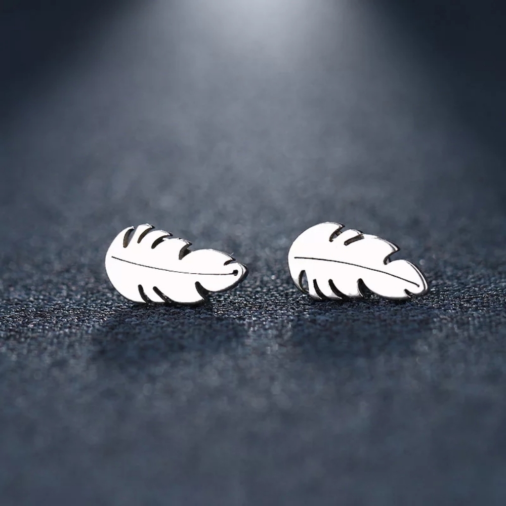 Feather leaf stud earrings silver stainless boho